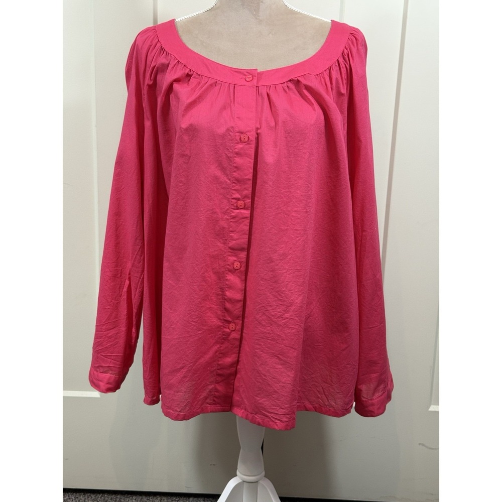 Evan Picone Women's 18W‎ Pink Button Up Cotton Blouse Long Roll Tab Sleeve